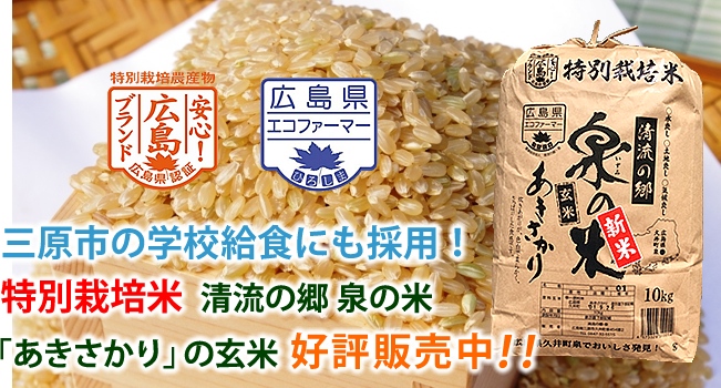 三原市の学校給食にも採用!特別栽培米 清流の郷 泉の米 特別栽培米「あきさかり」の玄米 好評販売中!